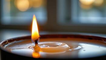 close up view of a candle flame softly wavering in a gentle breeze, casting warm golden reflections onto the nearby wax as it melts slowly into a shimmering pool. photo
