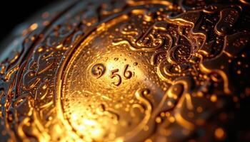 close up view of flickering firelight reflecting on the surface of a polished metallic object, creating dynamic and abstract patterns of light and shadow. photo