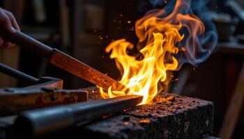 close up view of a roaring flame bursting from a blacksmith's forge, its intense heat illuminating the surrounding tools and glowing hot metal. photo