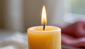 close up view of a soft flame flickering atop a hand poured candle, with textured wax pools forming at the base. photo