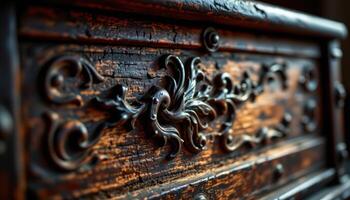 close up view of firelight illuminating intricate carvings on an old wooden chest, creating warm highlights and shadows. photo