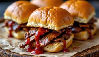 close up view of barbecued brisket sliders with dripping sauce and lightly toasted buns. photo