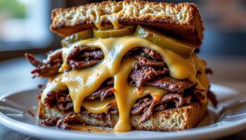 close up view of triple decker bbq brisket sandwich dripping with melted cheese and pickles. photo