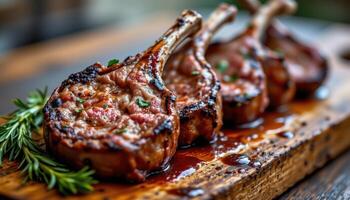 close up view of bbq lamb chops lined on a cedar plank with charred rosemary and thick sauce drips. photo