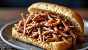 close up view of pulled pork piled on toasted bread with strands of meat glistening in rich sauce. photo