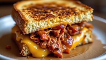 close up view of grilled cheese sandwich with bbq pulled pork oozing between melted cheddar. photo