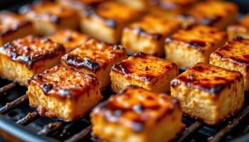 close up view of golden barbecue glazed tofu cubes lined neatly over a grill with crispy char marks and spice flakes. photo