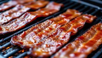 close up view of bbq bacon slices crisped and caramelized with maple glaze on flat grill. photo