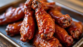 close up view of sticky bbq wings stacked high on a tray, coated in thick, glossy sauce. photo