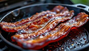 close up view of crispy bbq glazed bacon sizzling and curling over a fire heated cast iron pan. photo