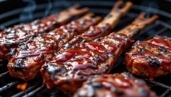 close up view of marinated steak tips charred over open fire, dripping with thick molasses based barbecue sauce. photo