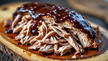 close up view of pulled pork drenched in dark barbecue sauce, piled high on a wooden slab with scattered crispy edges. photo