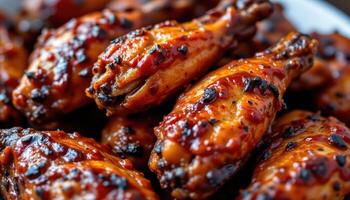 close up view of caramelized bbq chicken wings with golden brown blistered skin and rich sauce coating every inch. photo
