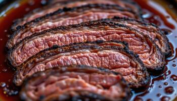 close up view of thick slices of smoked tri tip beef arranged in layers, soaking in rich barbecue juices. photo