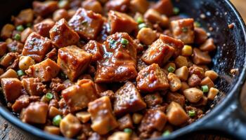 close up view of brisket hash loaded on iron skillet with bbq glaze and crispy bits. photo