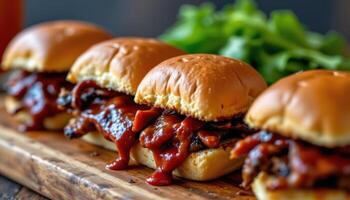 close up view of grilled bbq sliders lined on wood board, dripping with tangy sauce. photo