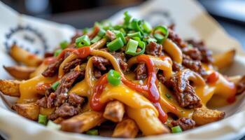 close up view of loaded bbq fries covered in melted cheese, smoked meat, and spicy sauce. photo