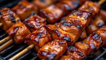 close up view of flame grilled pork belly skewers caramelizing in a thick maple glaze. photo