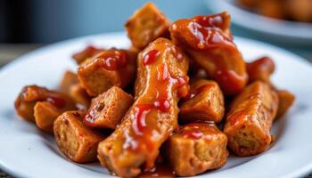 close up view of burnt end pieces crisped and coated with thick sweet spicy sauce. photo