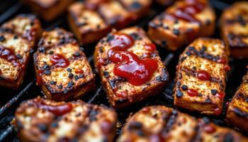 close up view of grilled tempeh strips coated with tangy barbecue sauce and grill marks. photo