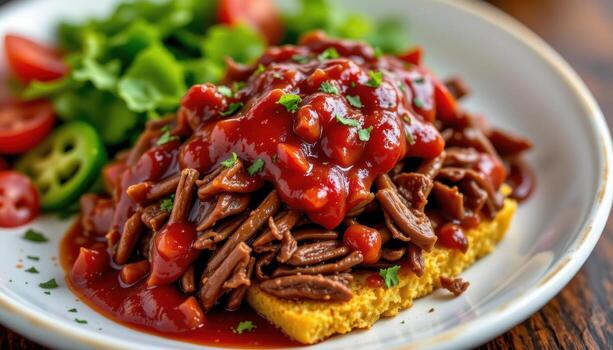 close up view of pulled beef smothered in deep red sauce resting on a toasted cornbread base. photo