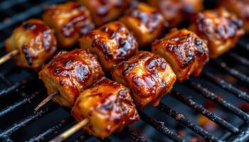 close up view of sizzling skewered kebabs covered in a caramelized barbecue glaze. photo