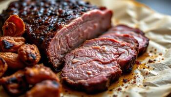 close up view of beef brisket slices glistening with rendered fat, layered beside crispy burnt ends on butcher paper. photo
