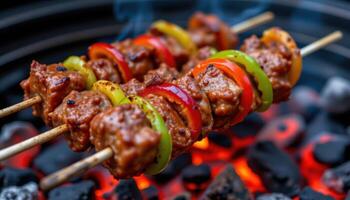 close up view of barbecue skewers loaded with bell peppers and juicy meat chunks, grilled to perfection over red coals. photo