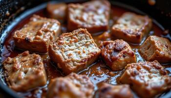 close up view of bbq pork shoulder chunks piled in a cast iron skillet with bubbling sauce. photo