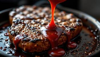 close up view of thick bbq sauce dripping slowly over flame seared steak on cast iron. photo