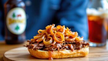 close up view of slow cooked brisket sandwich topped with crispy onions and dripping sauce. photo