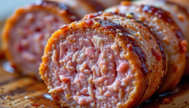 close up view of juicy sausage sliced diagonally with sauce coating each browned edge. photo