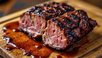 close up view of barbecued duck breast with charred skin and glossy sauce dripping onto wood board. photo