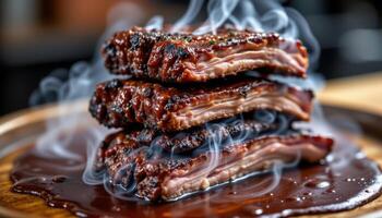 close up view of stacked bbq beef ribs surrounded by smoke wisps and a pool of savory sauce. photo