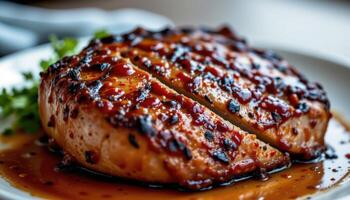 close up view of juicy double cut pork chop glazed with bourbon bbq sauce and charred edges. photo