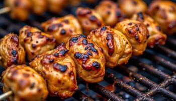 close up view of dry rubbed chicken skewers with char marks and sauce dripping onto grill. photo