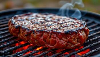 close up view of a thick ribeye steak smoking over red hot coals, glistening with rendered fat and spicy rub crust. photo