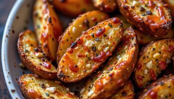 close up view of baked bbq potato wedges coated in seasoning and sticky sauce. photo