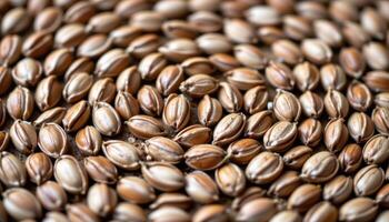close up view of a collection of flax seeds arranged in a spiral pattern, showing subtle sheen and reddish brown color. photo