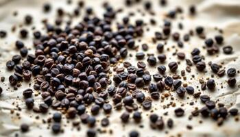 close up view of black cumin seeds scattered randomly on parchment paper, revealing their wrinkled texture. photo