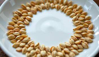 close up view of apple seeds arranged in a circular pattern on a white porcelain dish, shining under overhead light. photo