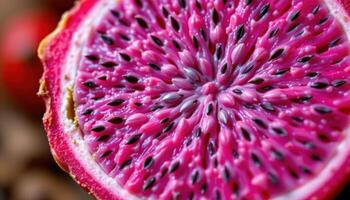 close up view of dragon fruit seeds evenly dispersed in bright pink pulp. photo