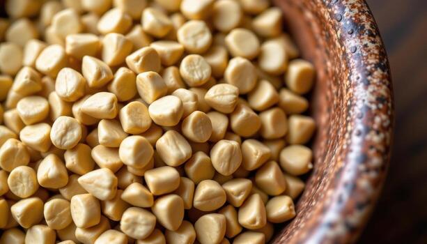 close up view of fenugreek seeds with angular shapes and light golden brown color grouped in a ceramic bowl. photo