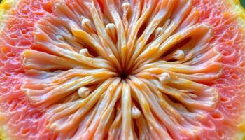 close up view of guava fruit cross section displaying small clustered white seeds. photo