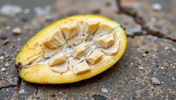 close up view of mango seed partially dried, resting on a textured stone surface with cracks visible. photo