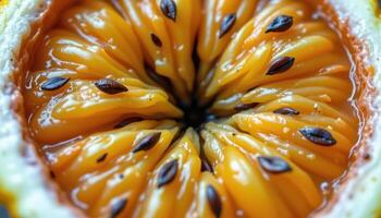 close up view of passion fruit interior with juicy yellow orange pulp and scattered dark seeds. photo