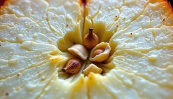 close up view of sugar apple seeds nestled in creamy white flesh with fibrous details. photo