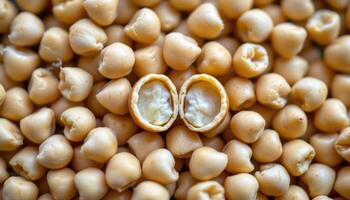 close up view of split chickpea seeds revealing their inner halves. photo