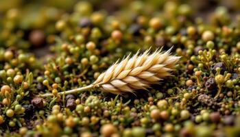 close up view of a durva grass seed nestled between soft moss patches. photo