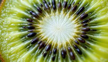 close up view of a cut kiwi fruit exposing rows of tiny black seeds embedded in vibrant green flesh. photo